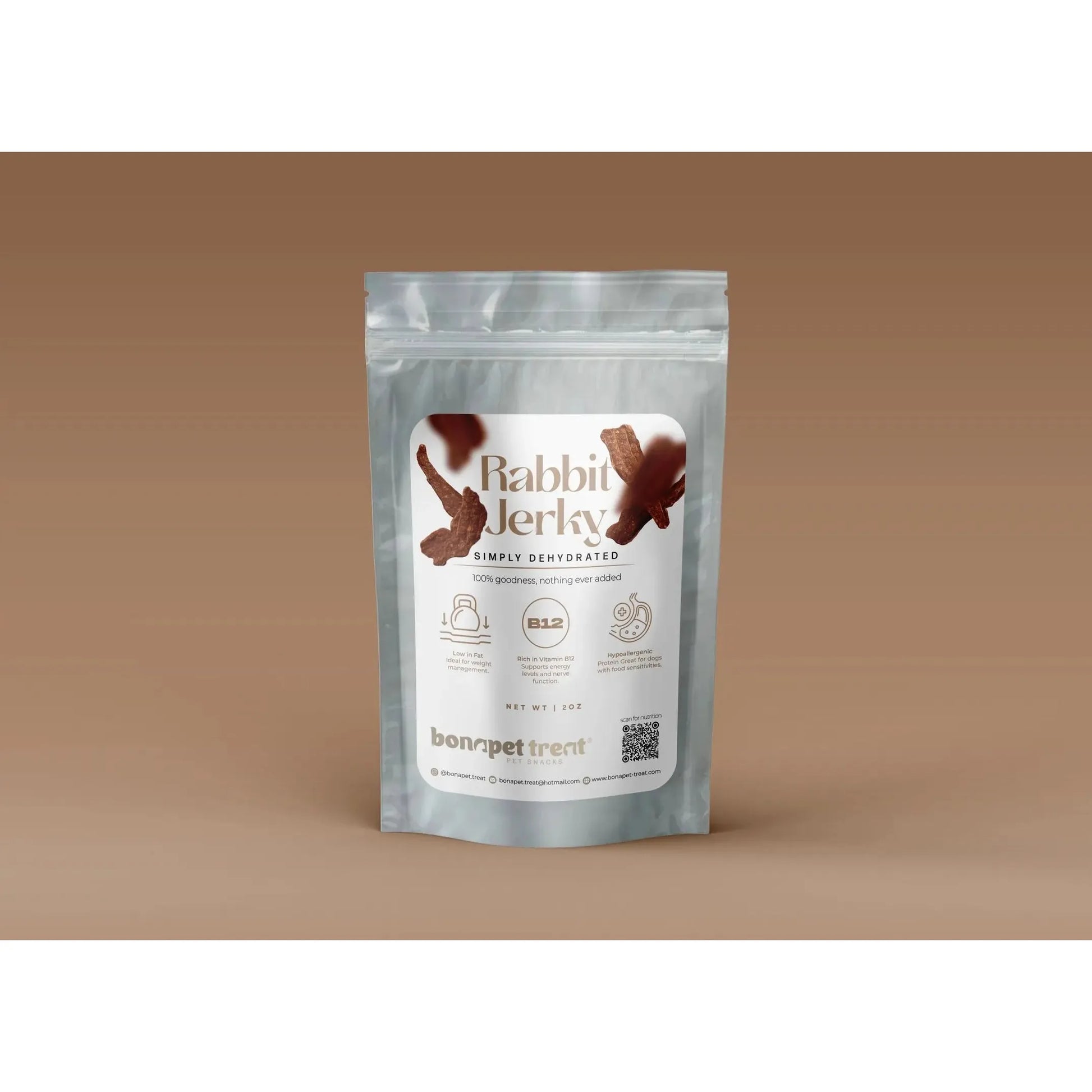 A silver pouch labeled Bonapet Digestible Rabbit Jerky for Dogs with Allergies & Food Sensitivities 4 oz shows dehydrated jerky, nutrition details, and Bonapet Treat branding—ideal as a high-protein or hypoallergenic dog snack.