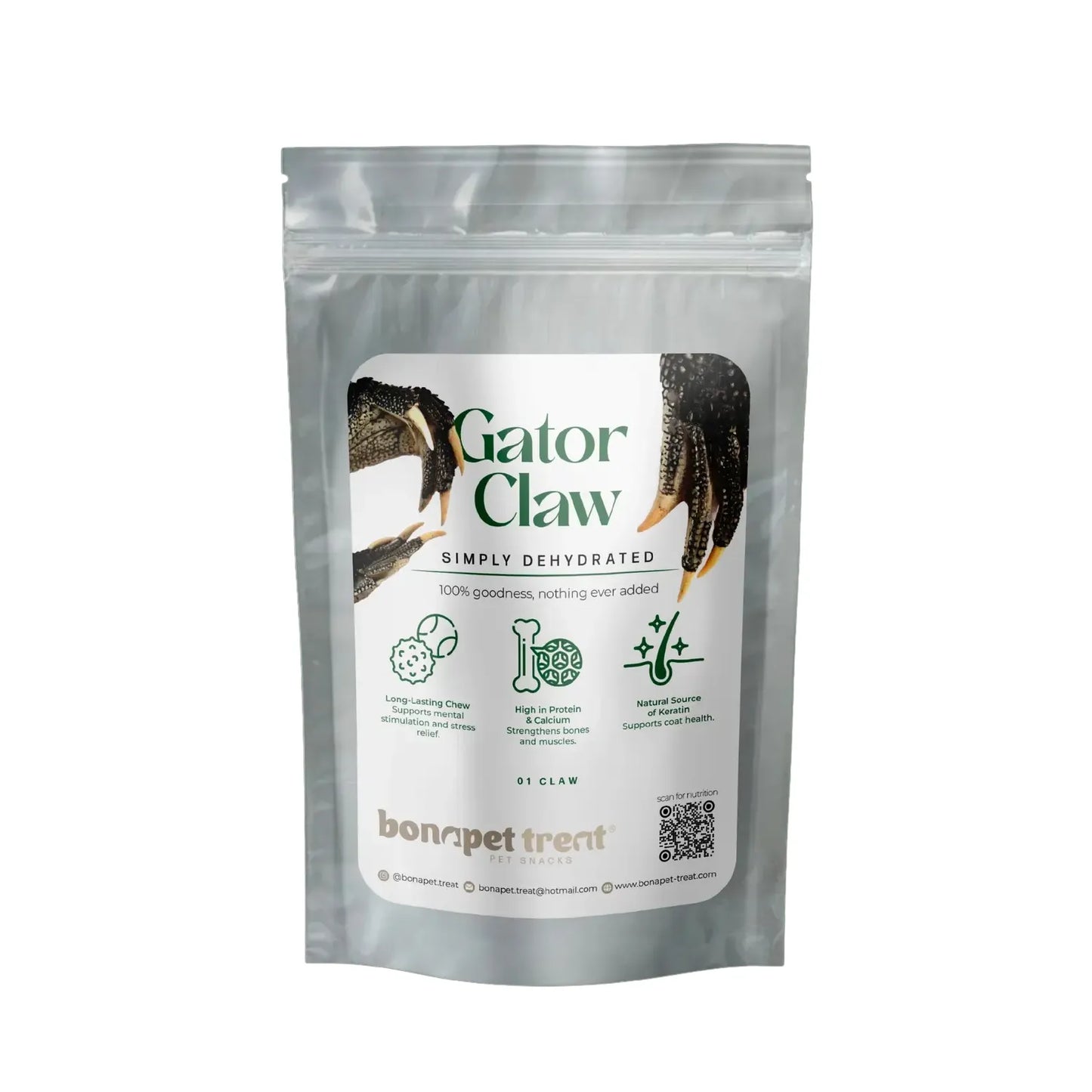 A resealable bag labeled Bonapet Gator Claw - The Ultimate Chew for Healthy Teeth and Happy Pups from Bonapet Treat, featuring an alligator claw with icons for long-lasting chew, high protein, dental health, and mental stimulation.