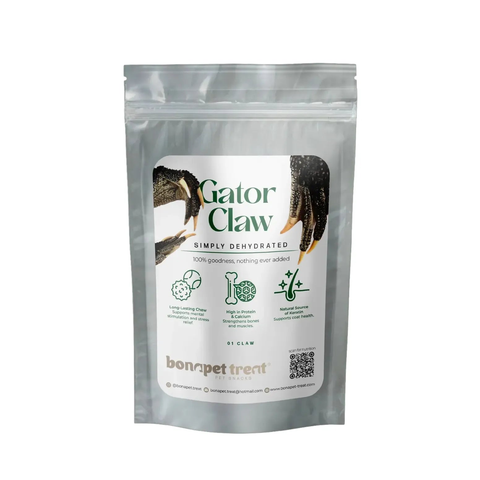A resealable bag labeled Bonapet Gator Claw - The Ultimate Chew for Healthy Teeth and Happy Pups from Bonapet Treat, featuring an alligator claw with icons for long-lasting chew, high protein, dental health, and mental stimulation.