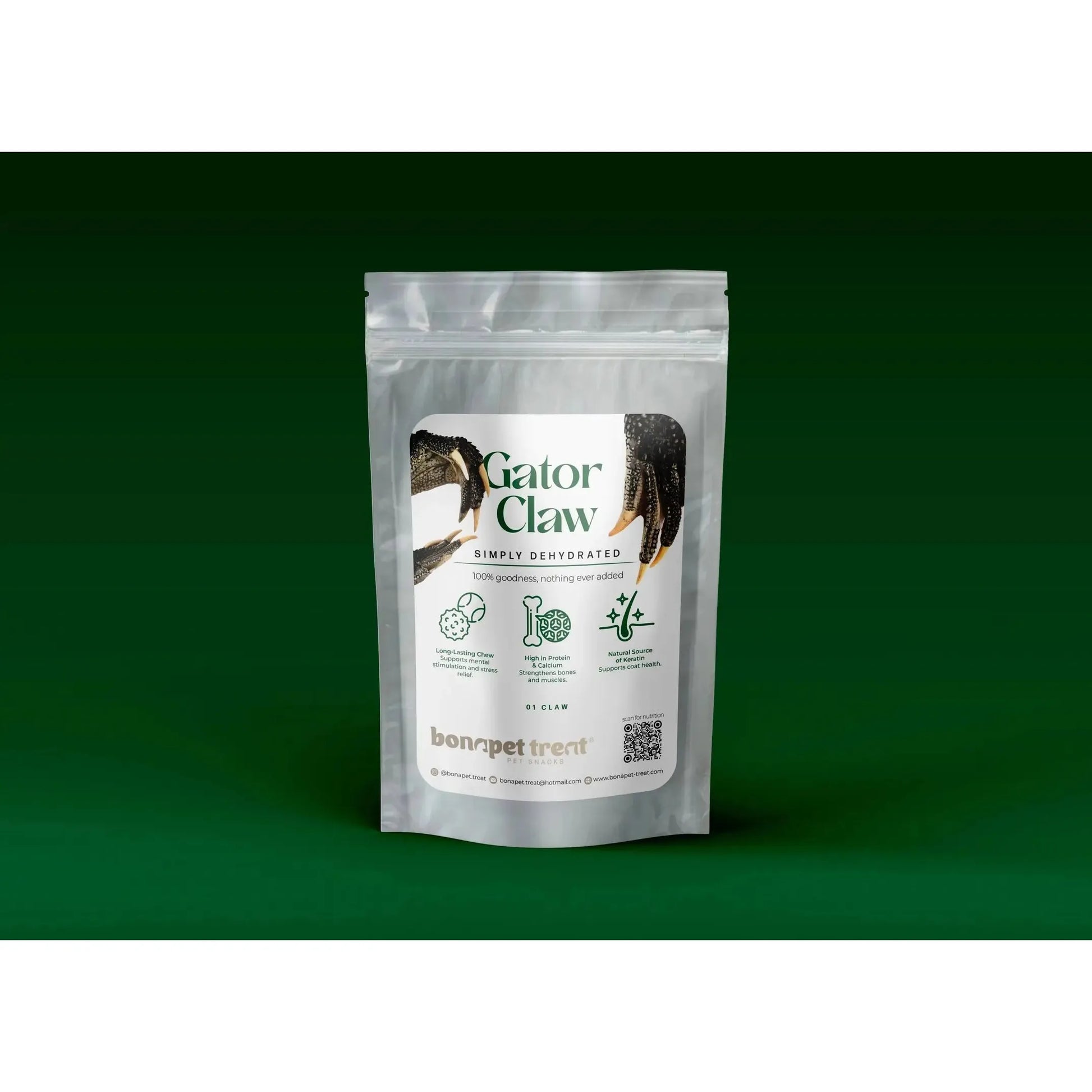A silver resealable pouch labeled Bonapet Gator Claw - The Ultimate Chew for Healthy Teeth and Happy Pups by Bonapet Treat is shown against a green background, featuring an alligator claw image and highlighting hypoallergenic, dental health benefits.