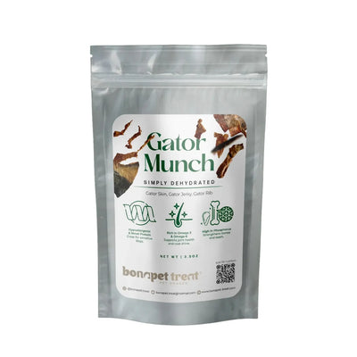 Bonapet Treats Gator Munch: Hypoallergenic, All-Natural Dog Treats (4 oz) features novel protein gator skin, jerky, and rib. These Omega-3 and phosphorus-rich, resealable bag treats support pets with allergies.