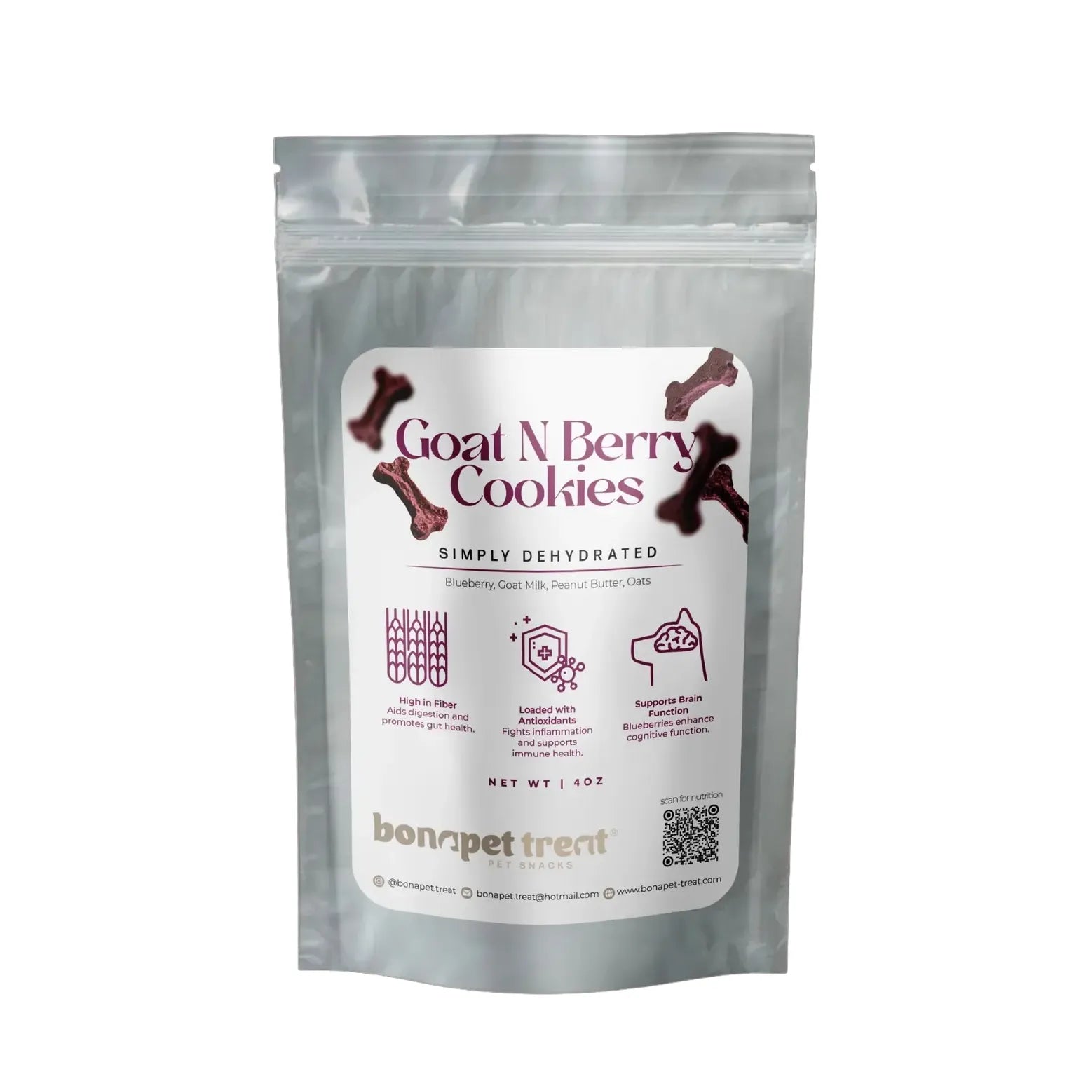 A silver resealable pouch labeled “Bonapet Goat N Berry Organic Dog Treats, 4 oz, features bone graphics and icons for high fiber, goat milk, brain health, and blueberry nutrients. Brand: Bonapet Treat.