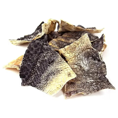 Bonapet Treat Bonapet Hypoallergenic Gator Skin Dental Chews for Aggressive Chewers feature scaly, textured dried gator skin pieces in dark and light shades—perfect hypoallergenic dog treats that support dental health.