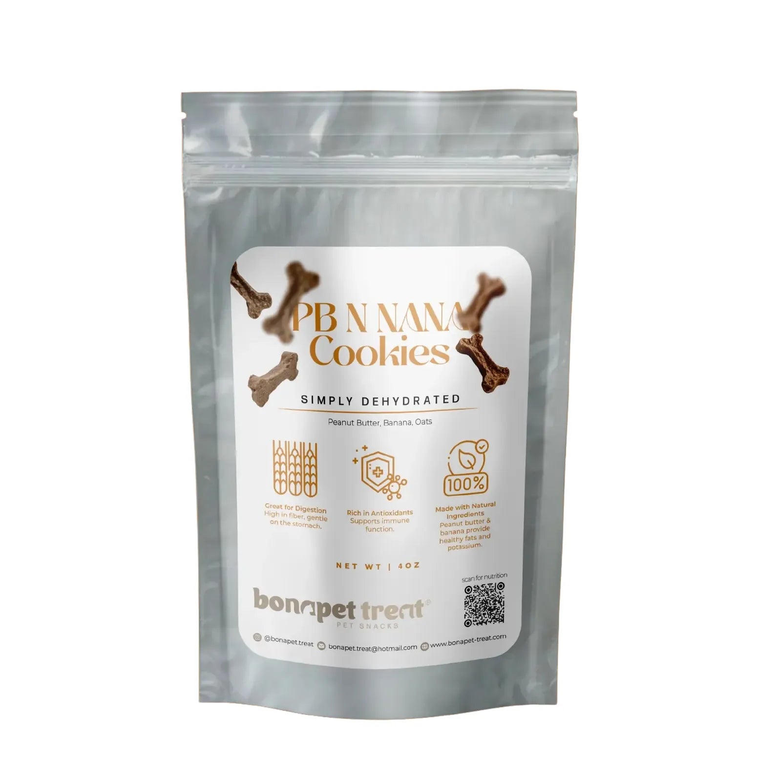 Bonapet Treat Pb N Nana Organic Peanut Butter & Banana Dog Cookies 5 oz come in a clear resealable bag with bone-shaped treats made from oats, offering a healthy snack for dogs and highlighting nutritional benefits on the packaging.