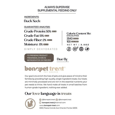 A pet treat label for Bonapet Treat Pb N Nana Organic Peanut Butter & Banana Dog Cookies (5 oz) features nutritional analysis, ingredients, storage instructions, social media contacts, and a message on hand-making healthy dog snacks.