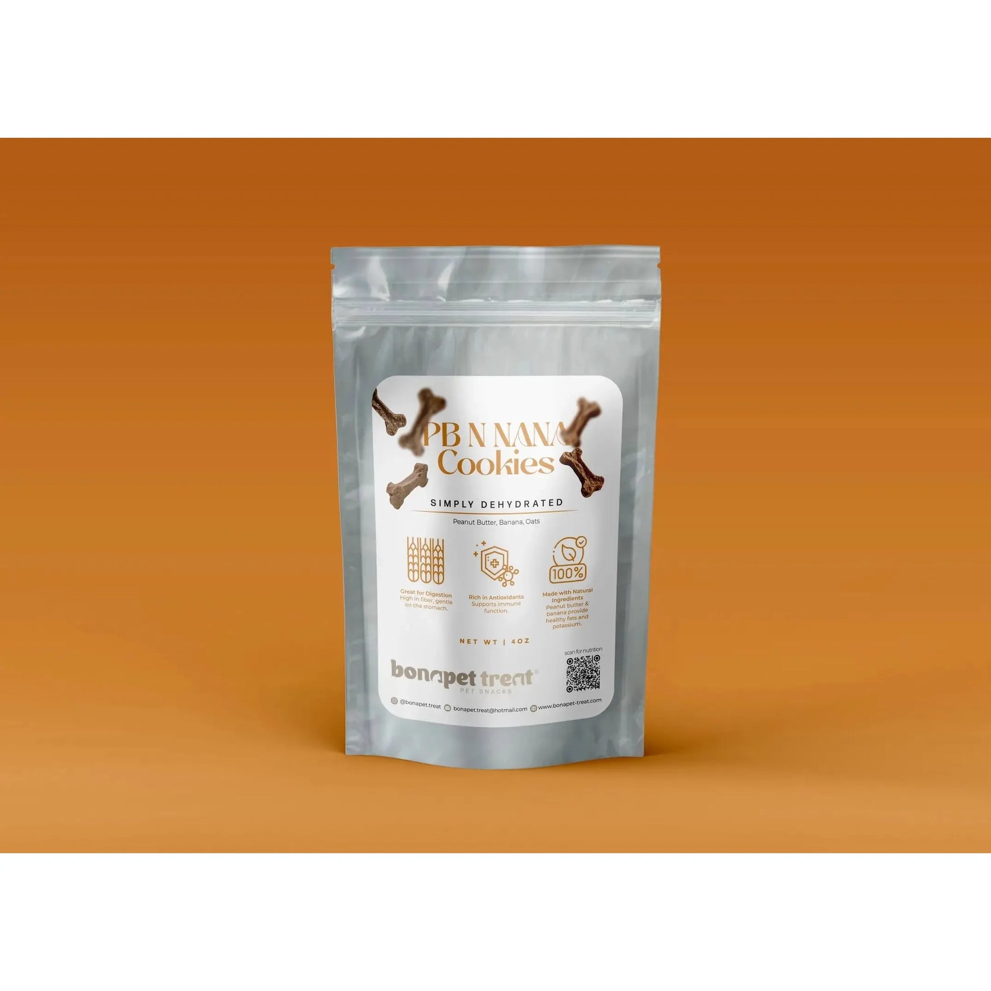 A silver resealable pouch labeled Bonapet Pb N Nana Organic Peanut Butter & Banana Dog Cookies 5 oz by Bonapet Treat, featuring dog bone treats and highlighting 100% natural, simply dehydrated Healthy Dog Snacks.