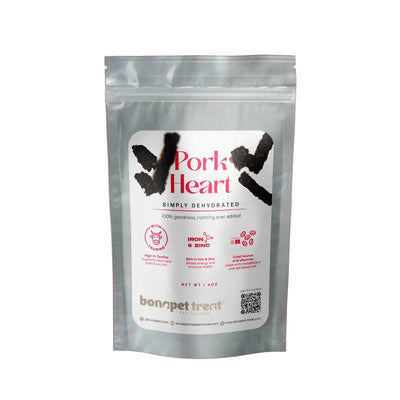 A clear resealable bag labeled Bonapet Treat Pork Heart Dog Treat – Protein-Packed & All-Natural (4 oz) shows dark, taurine-rich strips with iron and zinc icons plus a QR code, highlighting high protein content.