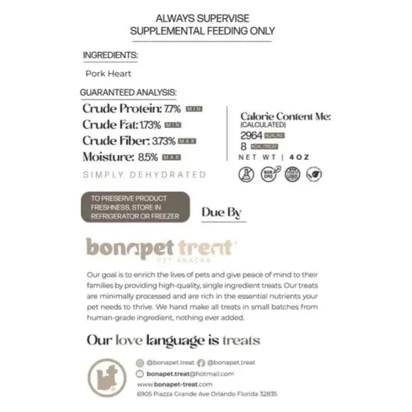 A Bonapet Treat Pork Heart Dog Treat – Protein-Packed & All-Natural 4 oz label, featuring nutritional info, storage instructions, social media and contact details, and a note that these high-protein treats are for supplemental feeding only.
