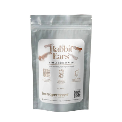 Bonapet Rabbit Ears - High-Protein, Low-Fat Digestive Support Treats by Bonapet Treat come in a clear resealable bag. Ethically sourced, fiber-rich treats aid digestion and dental health. Each pack contains 60 rabbit ears.