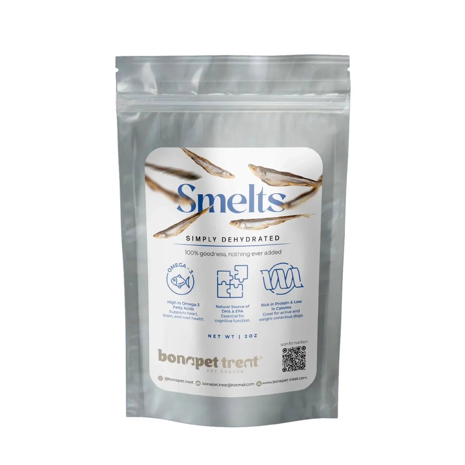 A clear resealable pouch labeled Bonapet Wild-Caught Smelts contains wild-caught smelts dehydrated into natural high-protein treats for pets, with Omega-3 fatty acids highlighted. Bonapet Treat brand name appears at the bottom.