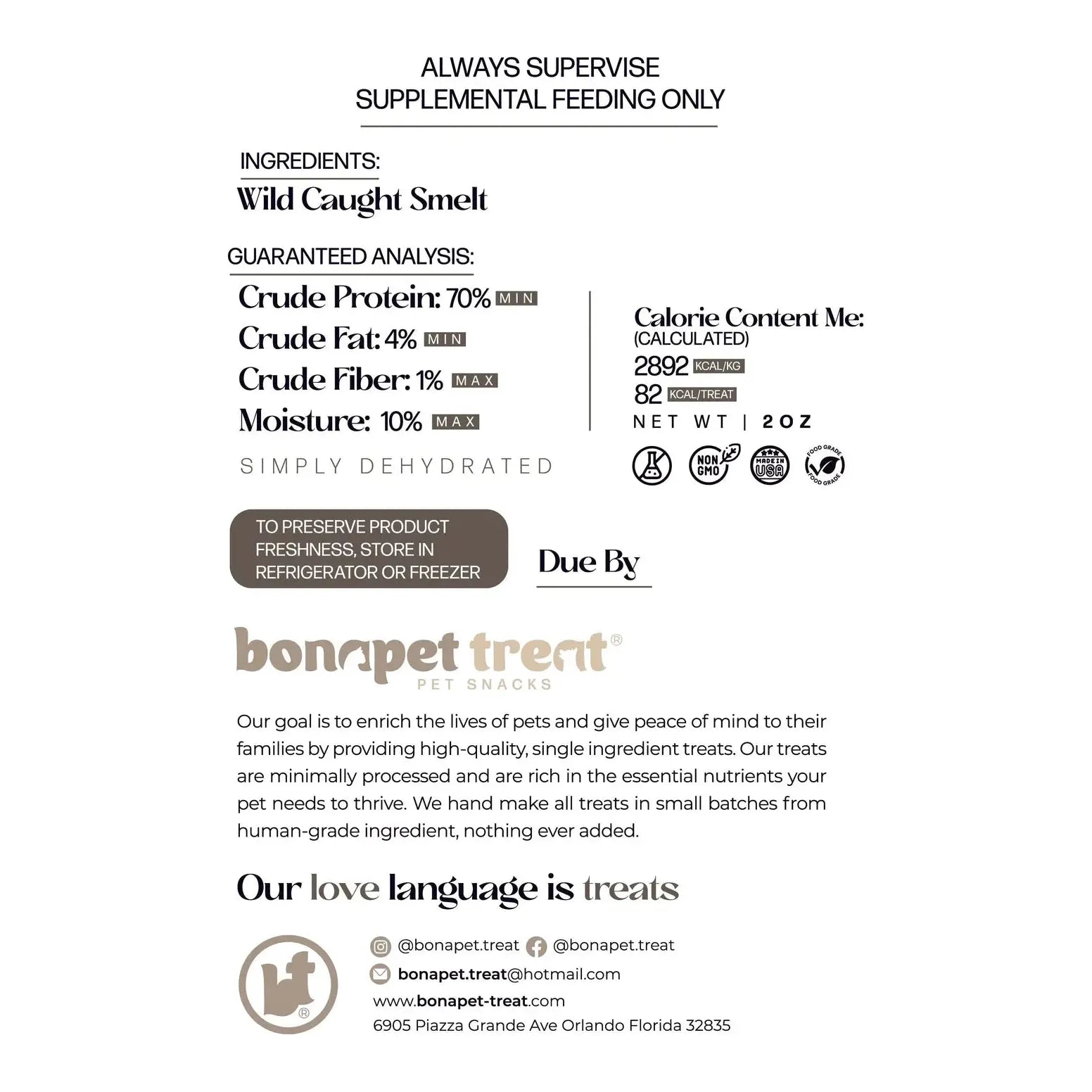 Bonapet Treat’s Wild-Caught Smelts—natural Omega-3 treats for pets. Packaging shows nutrition facts, feeding and storage info, social media links, and company address. Highlights natural ingredients and a love for pets.