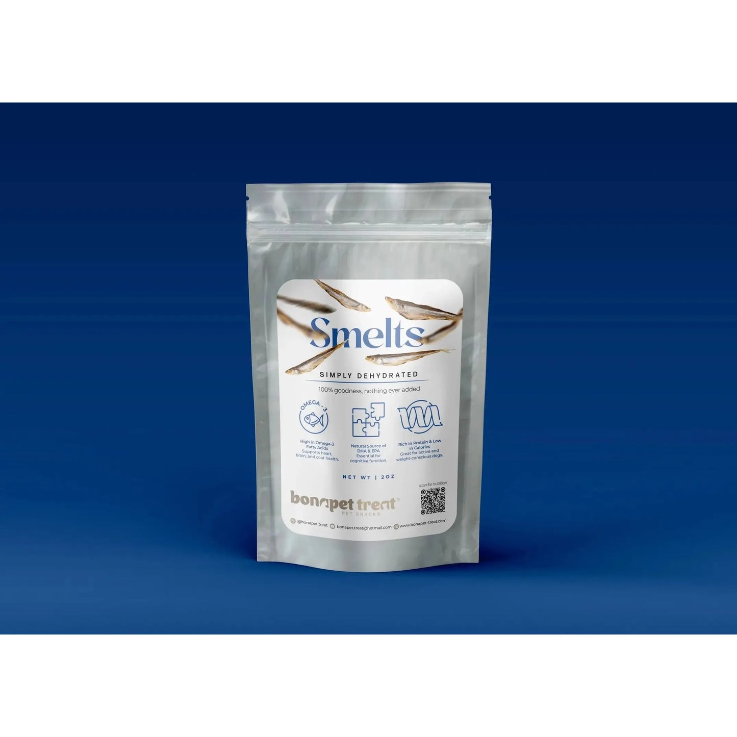 A silver resealable pouch labeled Bonapet Wild-Caught Smelts contains all-natural Omega-3 fish treats for pets, dehydrated from wild-caught smelts. Blue and white packaging displays fish images, icons, and product details. Brand: Bonapet Treat.