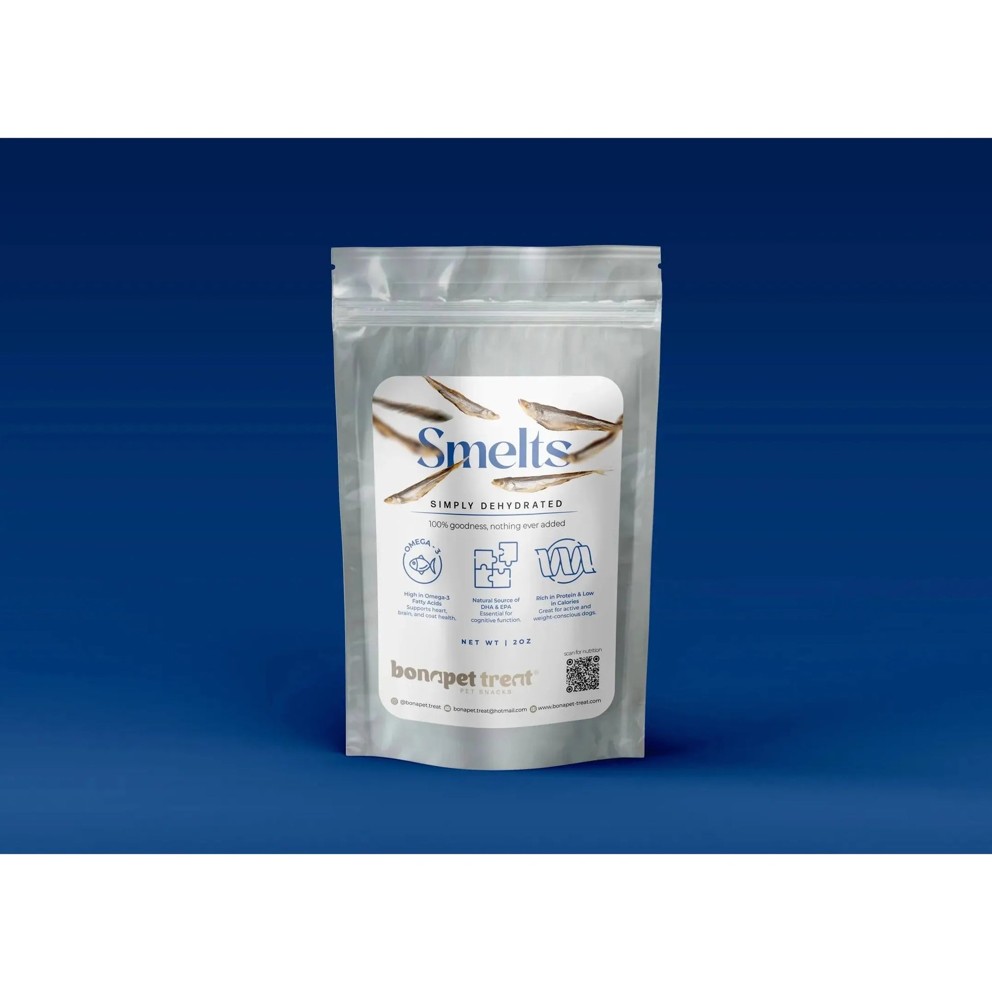 A silver resealable pouch labeled Bonapet Wild-Caught Smelts contains all-natural Omega-3 fish treats for pets, dehydrated from wild-caught smelts. Blue and white packaging displays fish images, icons, and product details. Brand: Bonapet Treat.