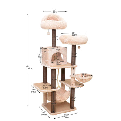 Catry Meerkat Cat Tree 7 level Cream Cat Tower with Paper Rope Posts and Plush Beds PetPals Group