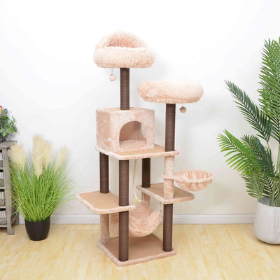 Catry Meerkat Cat Tree 7 level Cream Cat Tower with Paper Rope Posts and Plush Beds PetPals Group