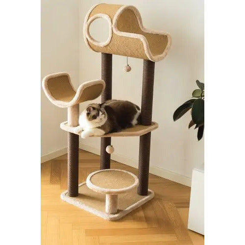 Catry, Camel Cat Tree Tower with Paper Rope Covered Scratching and Condo Tunnel PetPals Group