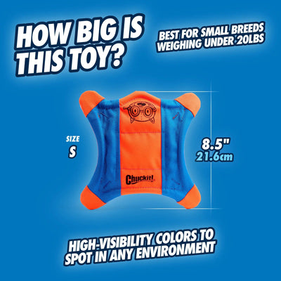 The Chuckit!® Flying Squirrel Dog Toy is a small, square fetch toy (8.5, orange/blue) by Chuckit!®, designed for dogs under 20 lbs with bright, high-visibility colors for energetic games of fetch.