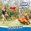 A woman throws a Chuckit!® Flying Squirrel Dog Toy (Orange/Blue) by Chuckit!® as her golden retriever runs to fetch it on grass. Text: SOAR BEYOND. This toy glides through the air, making tracking and chasing fun and easy for dogs.