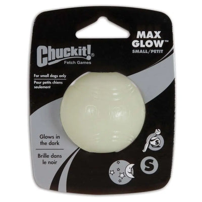 A packaged Chuckit!® Max Glow Ball Dog Toy, small size, for dogs. Made of durable white rubber that glows in the dark. The packaging has English and French text and is labeled for small dogs only. Brand: Chuckit!®.