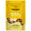 A yellow pouch of Crumps’ Naturals Gutsy Happy Bites emphasizes Everyday Gut Health featuring natural adaptogens like ginseng for mood support. Made in Canada, the pouch shows a dog silhouette with dark treats below.