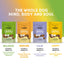 Four bags of Crumps’ Naturals Gutsy Happy Bites are showcased, each promoting unique benefits: Balance (green) for gut health, Immune (orange), Calm (purple) with adaptogens, and Mood support (yellow). The display reads The Whole Dog Mind, Body and Soul.