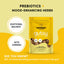 The bright yellow package of Crumps’ Naturals Gutsy Happy Bites - Mood & Gut Health Dog Treats is set against a light yellow background, featuring prebiotics, mood-enhancing herbs, natural adaptogens, and ginseng. It notes serotonins crucial role in mood and gut health for dogs.