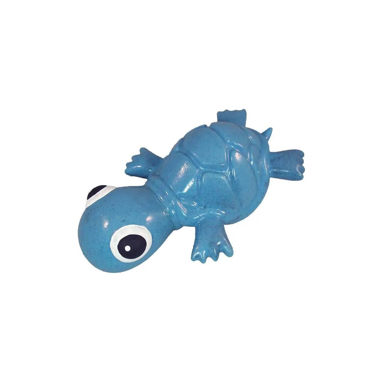 The Cycle Dog 3-Play Turtle Dog Toy by Cycle Dog is an eco-friendly, durable dog toy in a blue cartoon style with big eyes and a shiny shell, shown lying on its belly against a white background—cute and tough for play.