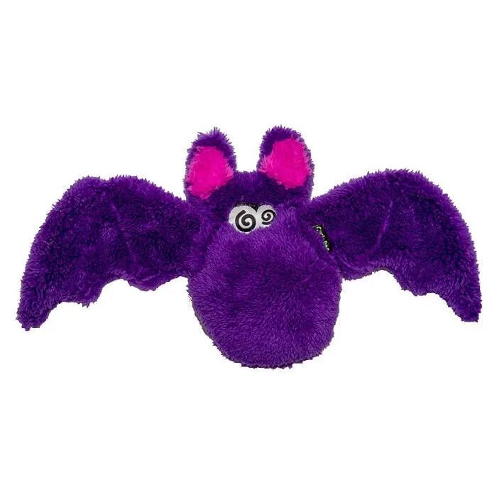 The Cycle Dog Duraplush Bat, from Cycle Dog, is an eco-friendly dog toy with fuzzy purple fabric, wide wings, bright pink inner ears, and spiral-patterned eyes—perfect for fun and cuddles.