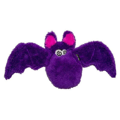 The Cycle Dog Duraplush Bat, from Cycle Dog, is an eco-friendly dog toy with fuzzy purple fabric, wide wings, bright pink inner ears, and spiral-patterned eyes—perfect for fun and cuddles.