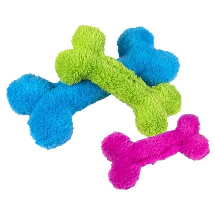 Three Cycle Dog Duraplush Bones by Cycle Dog—eco-friendly dog toys shaped like bones in blue, green, and pink—are stacked on a white background.