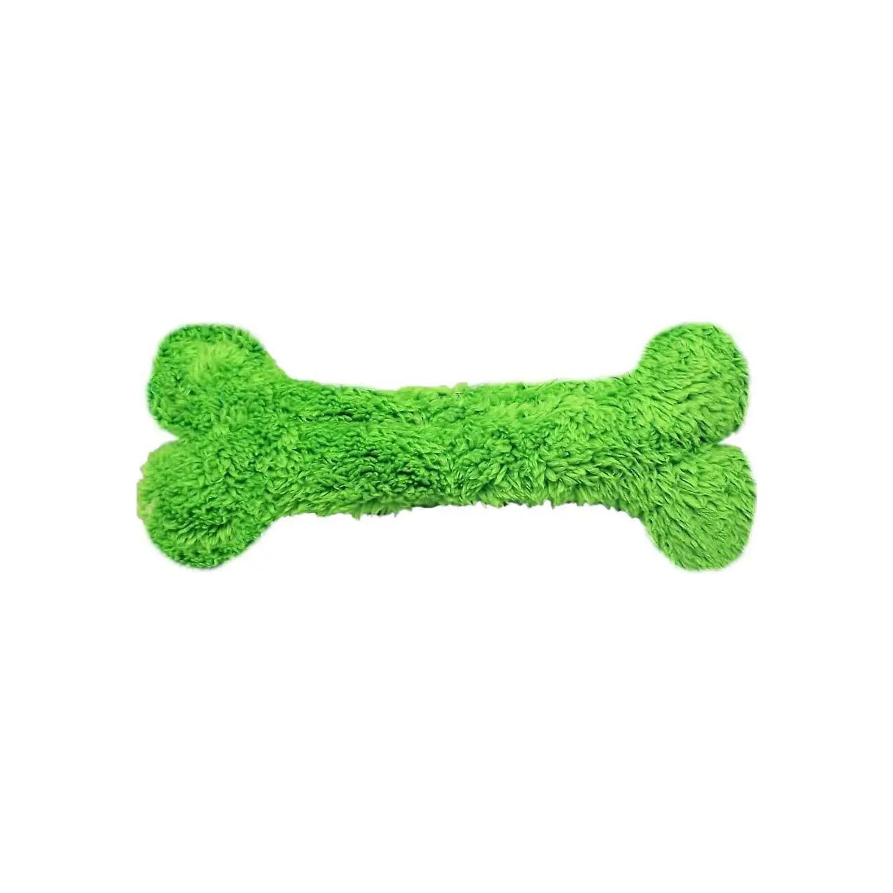 The Cycle Dog Duraplush Bones is a bright green, plush bone-shaped dog toy with a fuzzy texture, designed by Cycle Dog for durability and ideal for playful pups.