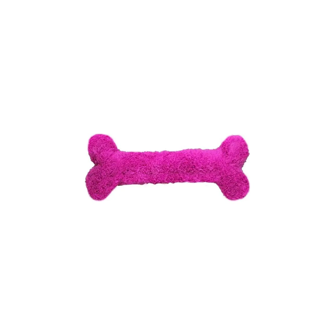 The Cycle Dog Duraplush Bones dog toy by Cycle Dog is a bright pink, fluffy, and eco-friendly bone-shaped toy, shown on a white background.
