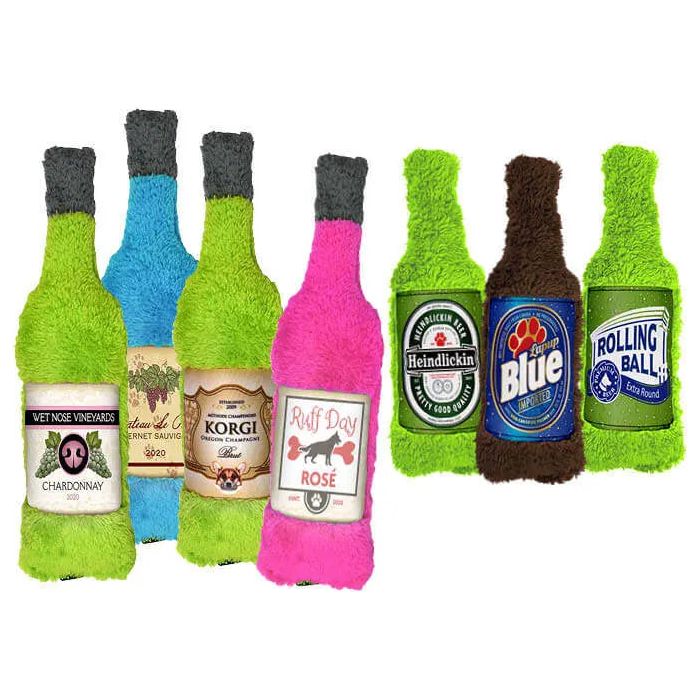 Six Cycle Dog Duraplush Brewgear Bottles Dog Toys by Cycle Dog—colorful, durable plush toys with playful pet-themed labels, made from recycled materials for an eco-friendly option and shown in two groups against a white background.