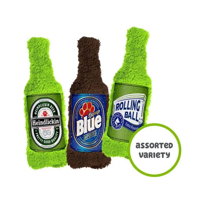 Cycle Dog Duraplush Brewgear Bottles Dog Toy by Cycle Dog includes three durable, recycled plush dog toys shaped like beer bottles with funny labels: Heindlickin, Lapup Blue, and Rolling Ball. Green circle notes assorted variety.