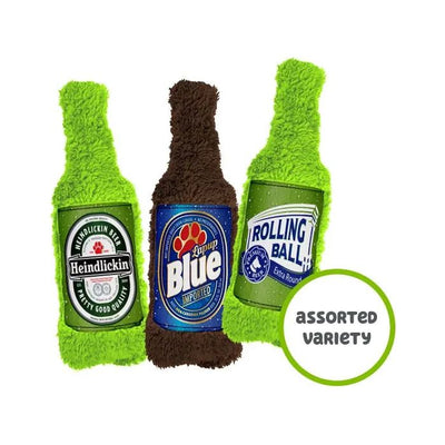 Cycle Dog Duraplush Brewgear Bottles Dog Toy by Cycle Dog includes three durable, recycled plush dog toys shaped like beer bottles with funny labels: Heindlickin, Lapup Blue, and Rolling Ball. Green circle notes assorted variety.
