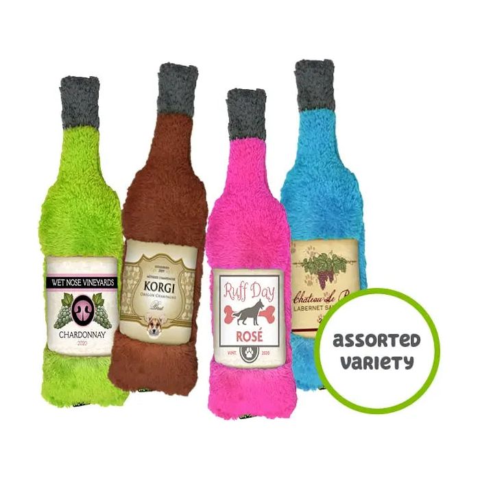 The Cycle Dog Duraplush Brewgear Bottles Dog Toy by Cycle Dog includes four eco-friendly, durable plush toys shaped like wine bottles in green, brown, pink, and blue with fun wine-themed labels. Assorted variety.
