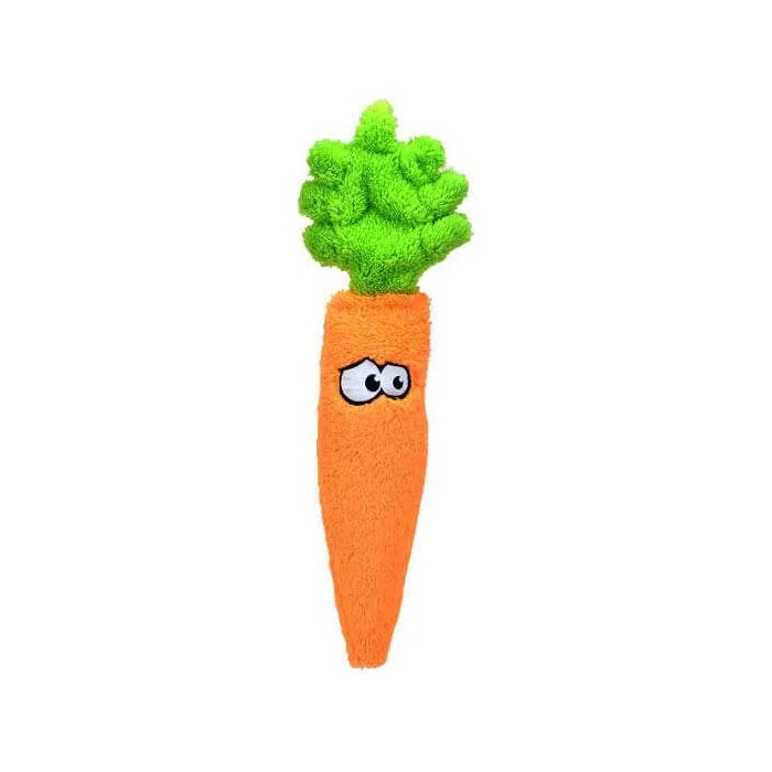 The Cycle Dog Duraplush Carrot Dog Toy by Cycle Dog is an eco-friendly, durable plush toy shaped like a carrot, featuring a bright orange body, green leafy top, and playful side-glancing eyes for endless fun.