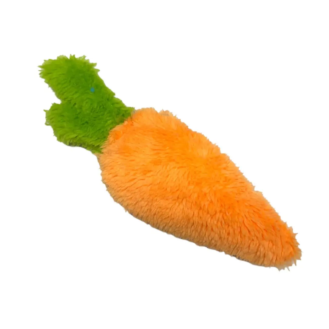 The Cycle Dog Duraplush Cat Toy by Cycle Dog is a plush carrot-shaped catnip toy with a fuzzy orange body and green leafy top, perfect for playful cats.