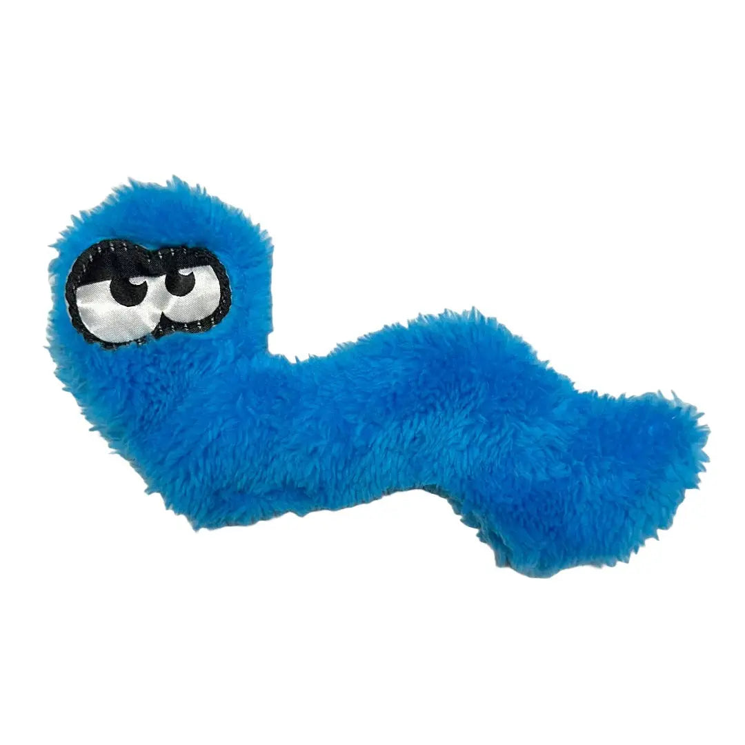 The Cycle Dog Duraplush Cat Toy is a blue, fluffy, worm-shaped plush with large cartoon eyes—perfect for cats who love durable toys. From the Cycle Dog brand’s popular collection.