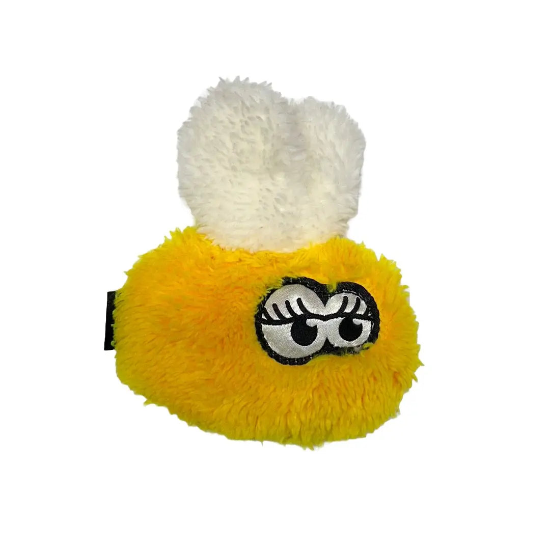 A yellow, fuzzy oval plush toy with big cartoon eyes, long eyelashes, and white bunny ears—Cycle Dog Duraplush Cat Toys by Cycle Dog—offers hours of feline fun.