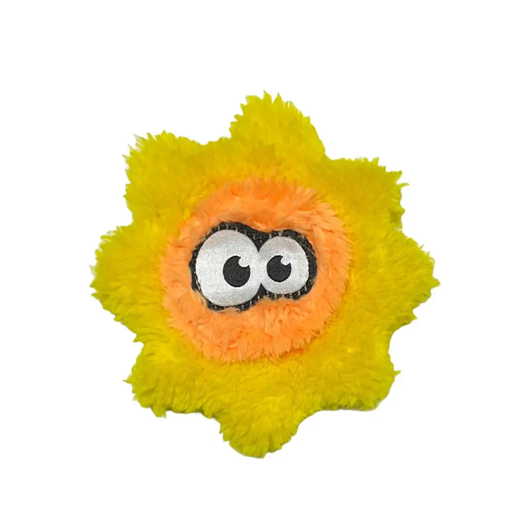 The Cycle Dog Duraplush Cat Toy by Cycle Dog is a round, plush cat toy with a yellow sun shape, fuzzy orange center, and big side-glancing eyes—adorable and durable for playful pets. Shown on a plain white background.