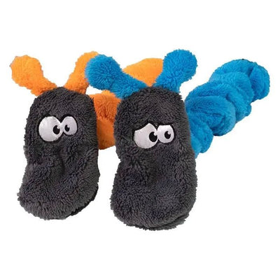 Two Cycle Dog Duraplush Coil Caterpillar Dog Toys, featuring plush coils in black with orange and blue accents, have googly eyes and antennae, resembling playful cartoon snails against a white background.