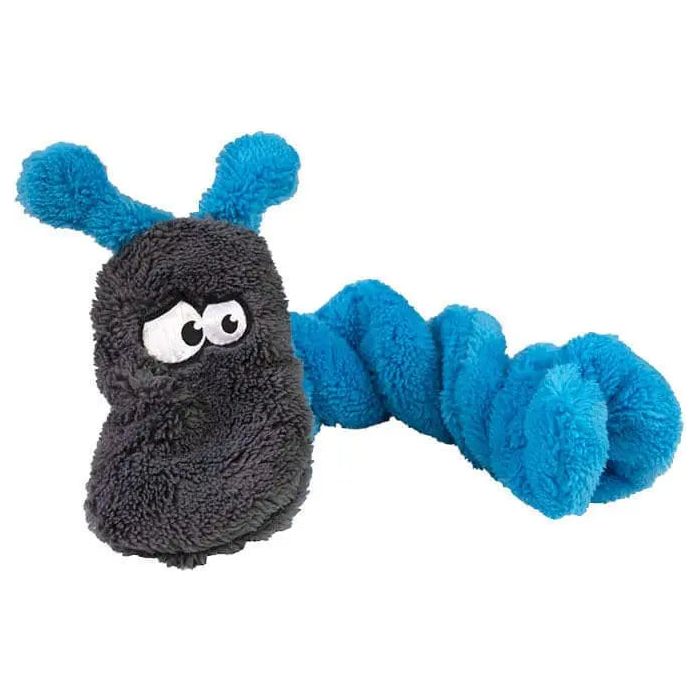 The Cycle Dog Duraplush Coil Caterpillar Dog Toy features a fuzzy black head with cartoon eyes and blue antennae, plus a long, curly blue body—perfect for playful pups.