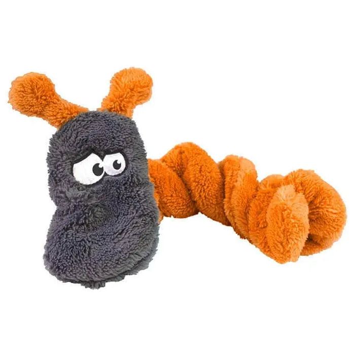 The Cycle Dog Duraplush Coil Caterpillar Dog Toy features a fluffy gray head, large white eyes, orange antennae, and a soft, spiraled orange body—perfect as a durable and playful toy for your furry friend.