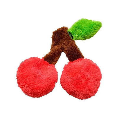 The Cycle Dog Duraplush Eco-Friendly Tough Dog Toy, shaped like two red cherries with a brown stem and green leaf, is made from soft, fuzzy fabric—gentle for your pup and kind to the planet.