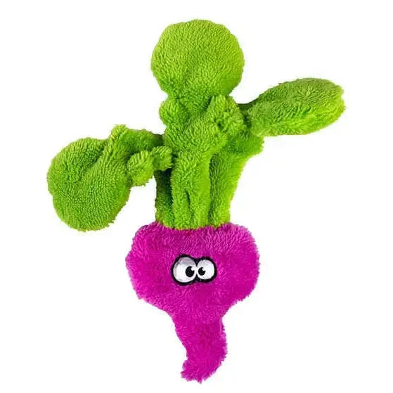 The Cycle Dog Duraplush Eco-Friendly Tough Dog Toy by Cycle Dog is a plush radish-shaped dog toy with a green leafy top, purple root, and cartoon eyes—crafted from recycled materials.