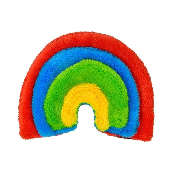 The Cycle Dog Duraplush Eco-Friendly Tough Dog Toy by Cycle Dog is a plush rainbow-shaped dog toy with red, blue, green, and yellow fuzzy sections, made from recycled materials for colorful, eco-friendly fun.