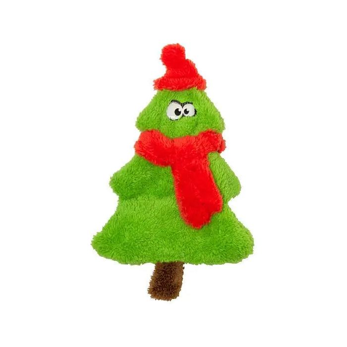 The Cycle Dog Duraplush Eco-Friendly Tough Dog Toy, shaped like a green Christmas tree with cartoon eyes, red scarf and hat, plus a brown trunk, is crafted from recycled materials—an eco-friendly toy your pup will love.