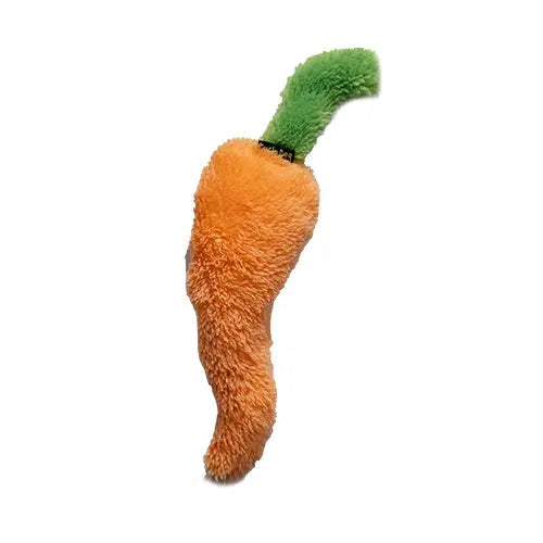 The Cycle Dog Duraplush Eco-Friendly Tough Dog Toy by Cycle Dog is a carrot-shaped plush with a fuzzy orange body and green leafy top, made from recycled materials for an eco-friendly option, shown on a white background.