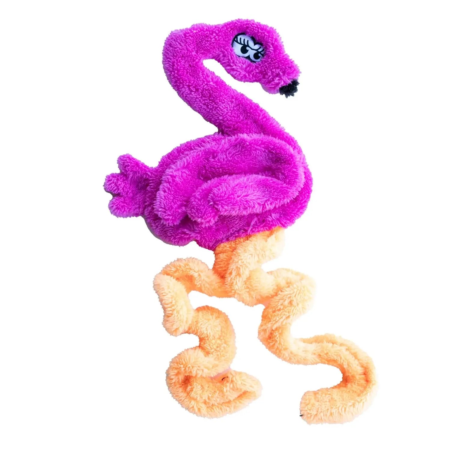 The Cycle Dog Duraplush Eco-Friendly Tough Dog Toy by Cycle Dog is a vibrant pink plush flamingo with closed eyes and curly orange legs, made from recycled materials—perfect as an eco-friendly dog toy.